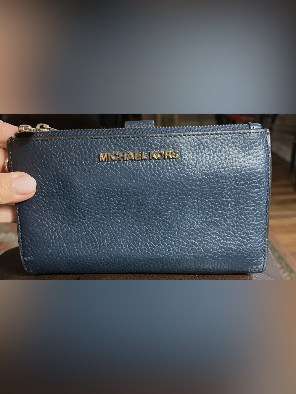 Michael Kors Pebbled Leather Wallet in Navy with Gold Logo